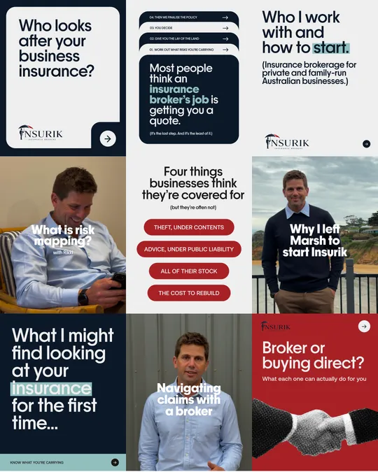 Insurik's Instagram grid after the setup: clean navy, white and red posts, with Rikki on camera in videos like What is risk mapping and Why I left Marsh to start Insurik.